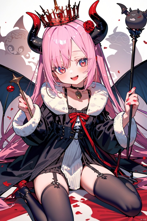  (best quality), (masterpiece),crown, 1girl, mini_crown, smile, thighhighs, long_sleeves, red_footwear, :d, open_mouth, holding, hair_between_eyes, pink_hair, frills, wings, horns, frilled_sleeves, solo, looking_at_viewer, stuffed_toy, sitting, stuffed_animal, choker, red_eyes, black_thighhighs, dress, fur_trim, long_hair,shoes, between_legs, staff, scepter, flower, collarbone, blush, red_cape, cape, wide_sleeves, demon_horns, ribbon, frilled_dress, holding_staff, demon_tail, hand_between_legs, sleeves_past_wrists