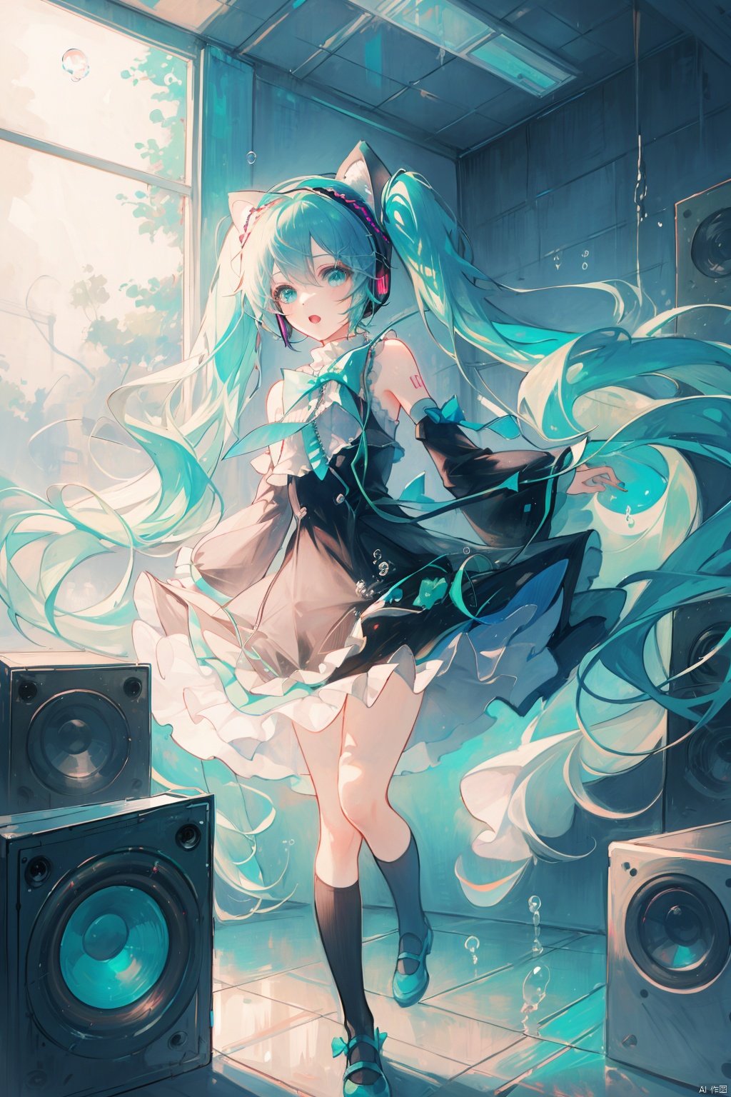 1girl, headphones, hatsune miku, long hair, keyboard \(instrument\), solo, dress, black dress, twintails, speaker, instrument, aqua hair, very long hair, detached sleeves, frilled dress, aqua nails, aqua eyes, frills, magical mirai miku, open mouth, bow, kneehighs, aqua bow, bare shoulders, cube, looking at viewer, animal ears, socks, bubble, cable