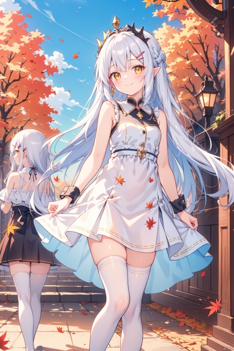 dress, thighhighs, white dress, eyepatch, smile, outdoors, white thighhighs, bag, long hair, wrist scrunchie, weibo username, pointy ears, blue sky, yellow eyes, looking at viewer, multiple girls, hair ornament, leaf, weibo logo, day, falling leaves, sky, scrunchie, sleeveless dress, bare shoulders, sleeveless, hairclip, solo focus, 3girls, autumn leaves, tiara, wrist cuffs, blush, very long hair, one eye covered, standing, feet out of frame, white hair