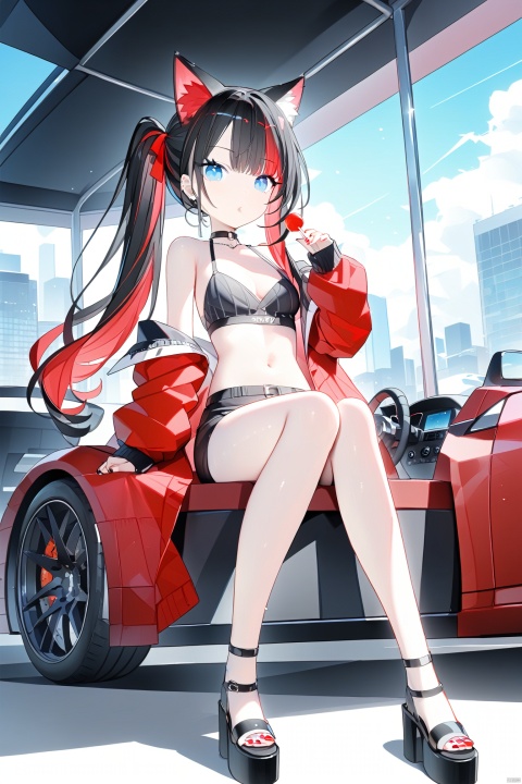  (best quality),(masterpiece),1girl, ground_vehicle, motor_vehicle, blue_eyes, car, high_heels, breasts, cat, long_hair, black_hair, lollipop, jacket, choker, solo, multicolored_hair, thighs, looking_at_viewer, open_jacket, shorts, red_jacket, black_shorts, vehicle_focus, stomach, black_choker, open_clothes, animal_ears, red_hair, black_footwear, midriff, animal, twintails, sports_car, sitting, long_sleeves, food, nail_polish, medium_breasts, sandals, navel