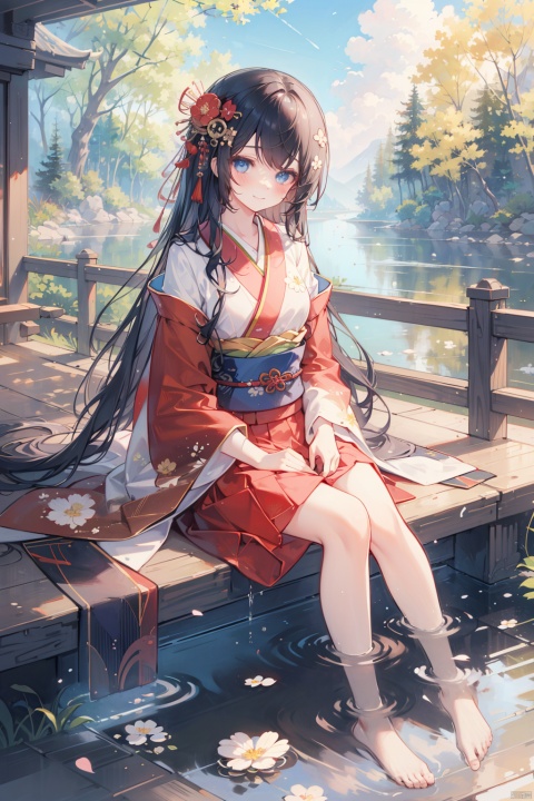  (best quality),(masterpiece),1girl, long hair, black hair, solo, blue eyes, japanese clothes, kimono, soaking feet, water, smile, looking at viewer, sitting, red kimono, very long hair, sash, closed mouth, obi, hair ornament, long sleeves, outdoors, barefoot, blush, flower, wide sleeves, skirt