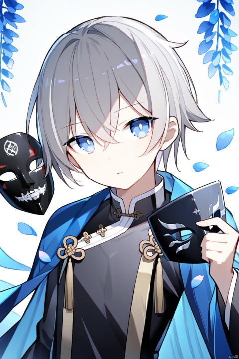 (best quality),(masterpiece),1boy, male_focus, holding_mask, mask_removed, solo, mask, blue_eyes, holding, hair_between_eyes, grey_hair, looking_at_viewer, chinese_clothes, petals, cape