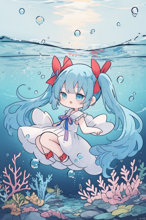 1girl, hatsune miku, solo, best quality, aesthetic, detailed, white background, very long hair, twintails, white dress, shoes, red footwear, ribbon, sleeveless, fruit, string of fate, flower, air bubble, underwater, water drop