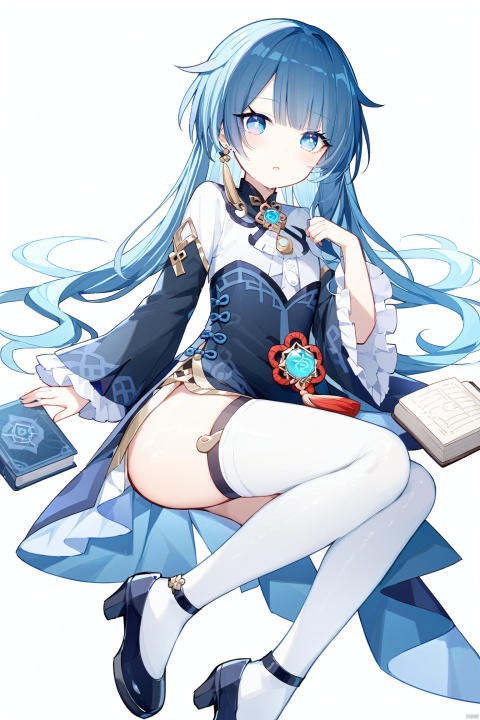  (best quality),(masterpiece),xingqiu_(genshin_impact), blue_hair, solo, long_hair, genderswap_(mtf), on_side, thighhighs, book, genderswap, lying, bangs, looking_at_viewer, long_sleeves, frilled_sleeves, frills, white_background, white_thighhighs, jewelry, earrings, simple_background, chinese_clothes, blue_eyes, 1girl, high_heels, dress, tassel, blush, parted_lips, vision_(genshin_impact), single_earring, wide_sleeves
