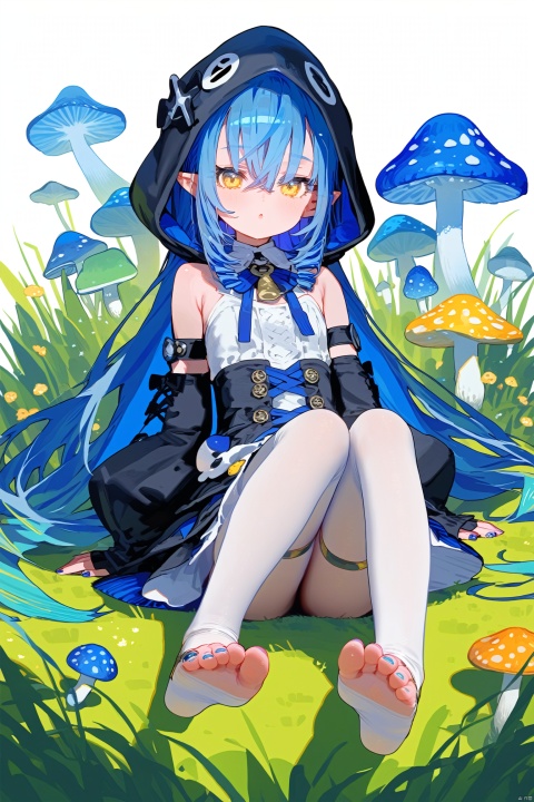 1girl, solo, long_hair, feet, blue_hair, pantyhose, mushroom, hood, gloves, toes, toenail_polish, no_shoes, detached_sleeves, looking_at_viewer, bare_shoulders, black_gloves, very_long_hair, yellow_eyes, long_sleeves, grass, blue_sleeves, puffy_sleeves, hair_between_eyes, nail_polish, toenails, bangs, thighlet, drill_locks, white_pantyhose, toeless_legwear, hood_up, legs, drill_hair, white_background, soles, juliet_sleeves, sitting, backless_outfit, pointy_ears, full_body, closed_mouth, blue_nails, stirrup_legwear