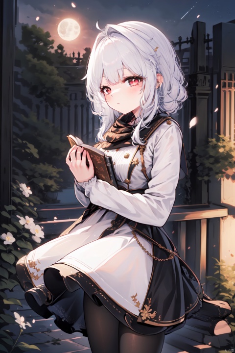  (masterpiece),(best quality),1girl, solo, red eyes, pantyhose, moon, holding, holding book, book, long hair, sky, white hair, outdoors, looking at viewer, long sleeves, full moon, blush, frills, petals, bangs, dress, black pantyhose, standing, fence, white dress, night, flower, cowboy shot, closed mouth