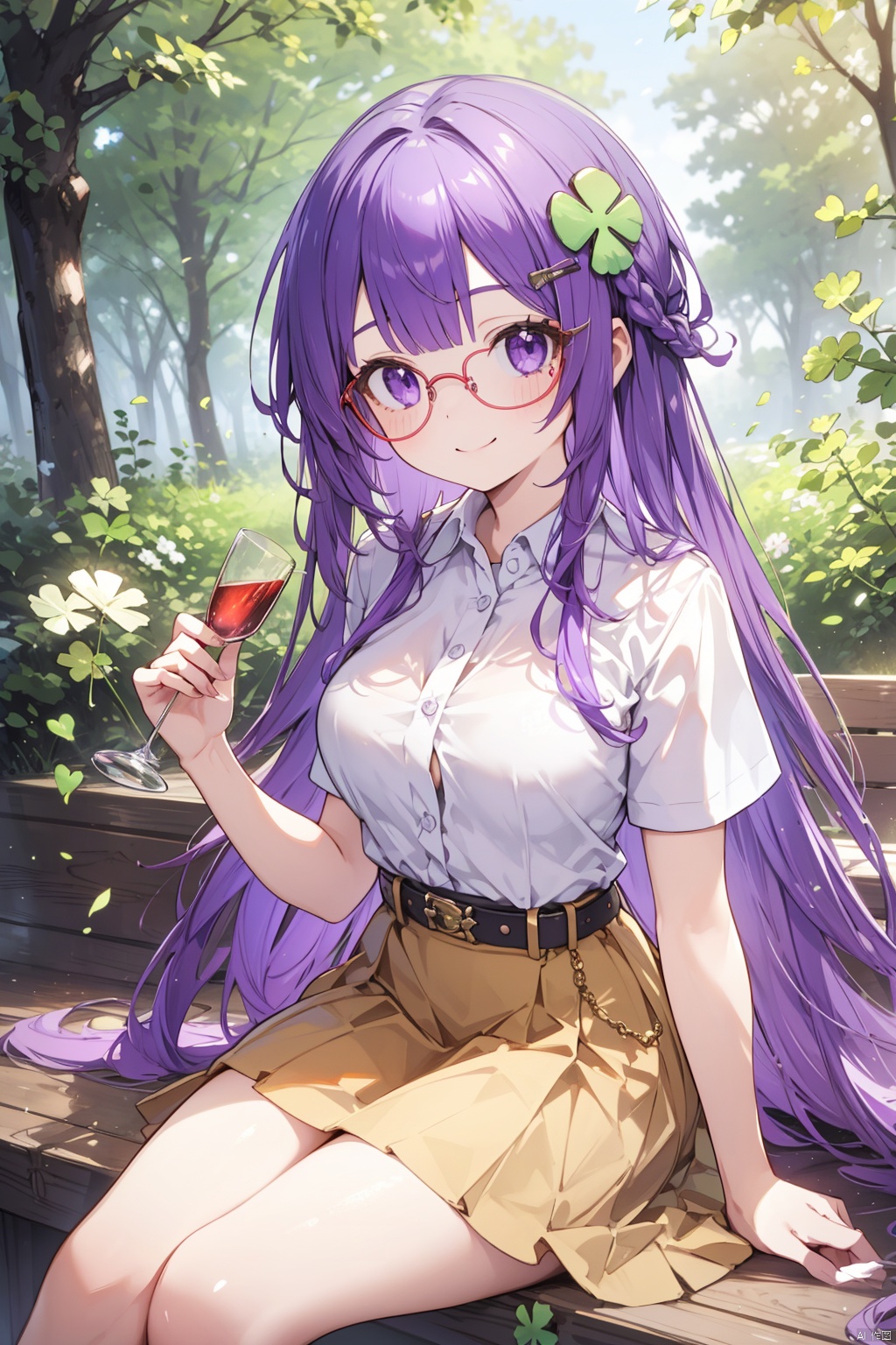 clover, 1girl, four-leaf clover, yellow skirt, skirt, solo, white shirt, shirt, long hair, smile, sitting, clover hair ornament, glasses, hair ornament, short sleeves, purple eyes, semi-rimless eyewear, purple hair, outdoors, looking at viewer, nature, belt, red-framed eyewear, closed mouth, four-leaf clover hair ornament, under-rim eyewear, very long hair, holding, long skirt, forest, blurry, day, breasts, blurry background, virtual youtuber