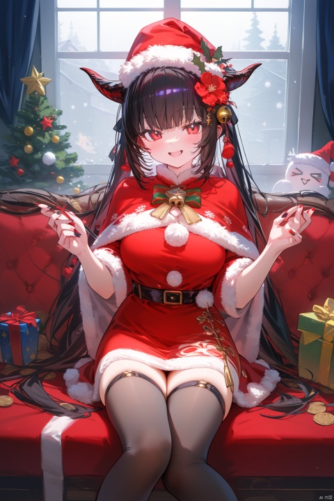 boo_tao_(genshin_impact), hu_tao_(genshin_impact), qiqi_(genshin_impact), ganyu_(genshin_impact), gift, thighhighs, purple_eyes, 3girls, christmas, multiple_girls, ghost, horns, long_hair, hair_ornament, bell, box, blue_hair, red_eyes, sidelocks, gift_box, christmas_tree, neck_bell, breasts, sitting, hat, ahoge, brown_hair, detached_sleeves, red_capelet, nail_polish, shorts, hair_flower, >_<, red_dress, dress, purple_hair, flower, couch, black_thighhighs, looking_at_viewer, indoors, alternate_costume, smile, open_mouth, merry_christmas, blush, coin_hair_ornament, belt, fur_trim, brown_thighhighs, twintails, bow, symbol-shaped_pupils, on_couch, flower-shaped_pupils, holding, green_bow, window, very_long_hair, hair_between_eyes, goat_horns, black_nails, large_breasts, santa_dress, zettai_ryouiki, black_shorts, white_thighhighs, christmas_present, bodystocking, santa_costume, braid, capelet, blue_nails, fur-trimmed_capelet, medium_breasts, red_flower, santa_hat, star_(symbol), ofuda, skirt, thighs