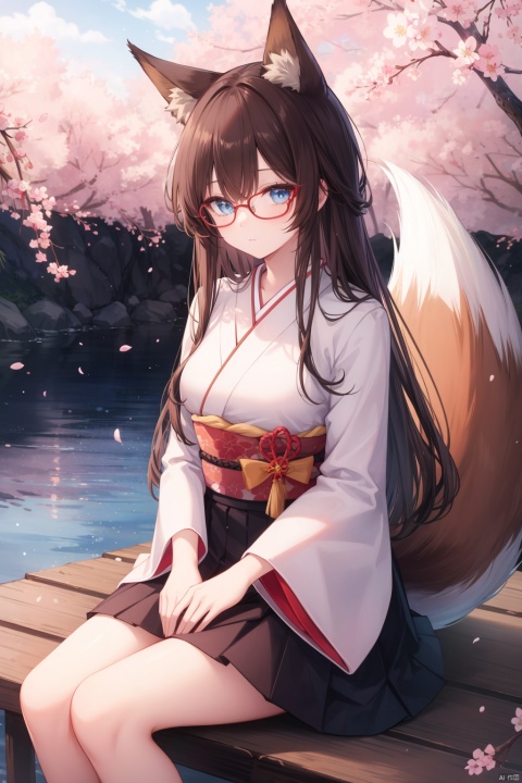 1girl, japanese_clothes, solo, animal_ears, long_hair, blue_eyes, kimono, tail, fox_ears, glasses, skirt, cherry_blossoms, wide_sleeves, sitting, fox_tail, long_sleeves, very_long_hair, hakama, brown_hair, animal_ear_fluff, fox_girl, bug