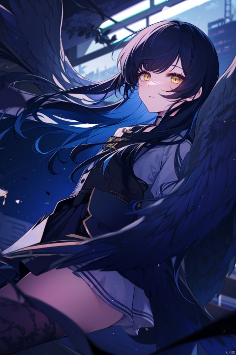  1girl, 1other, androgynous, solo, best quality, blurry background, looking at viewer, holding, parted lips, yellow eyes, long hair, blue hair, black hair, bangs, skirt, wings, blurry foreground, depth of field, motion blur, shards