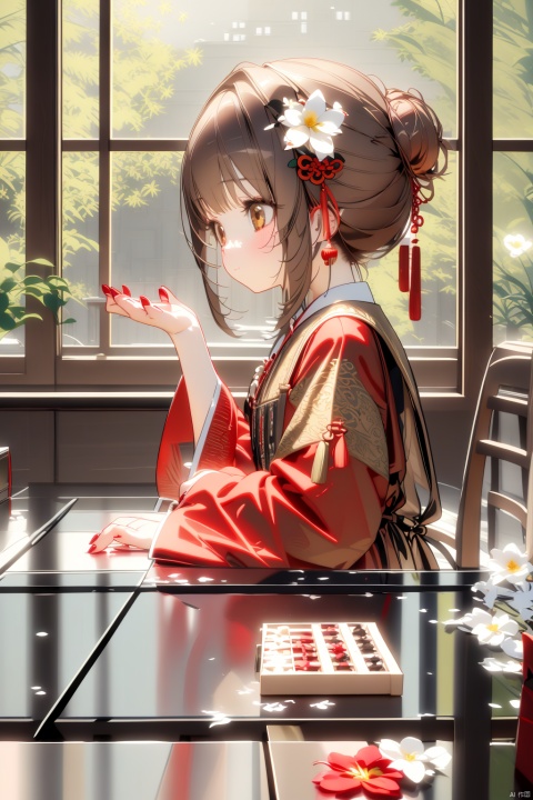  (best quality),(masterpiece),1girl, solo, flower, hair ornament, hair flower, dress, brown hair, red dress, candle, brown eyes, sitting, hair bun, jewelry, earrings, long sleeves, window, chinese clothes, table, from side, white flower, indoors, single hair bun, lattice, chair, round window, closed mouth, sidelocks, red nails, wide sleeves, nail polish, long hair, board game, tassel
