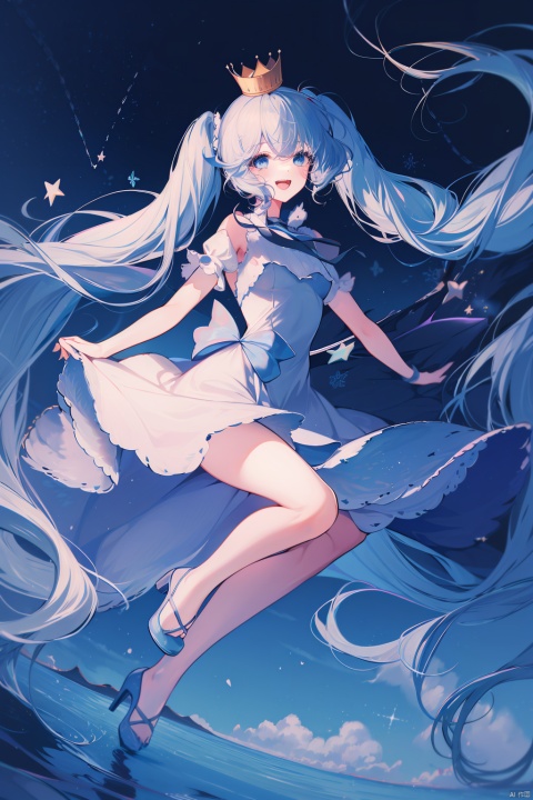 1girl, solo, long_hair, hatsune_miku, dress, white_dress, twintails, very_long_hair, open_mouth, crown, blue_hair, smile, star_\(symbol\), looking_at_viewer, blue_eyes, bare_legs, ribbon, floating_hair