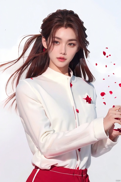  (1girl:1.1),stars in the eyes,(pure girl:1.1),upper_body,There are many scattered luminous petals,red theme,bubble,contour deepening,white_background,cinematic angle,character in the lower right corner,(Camellia flower:1.2),adhesion,tight clothing,flowing liquid, fx