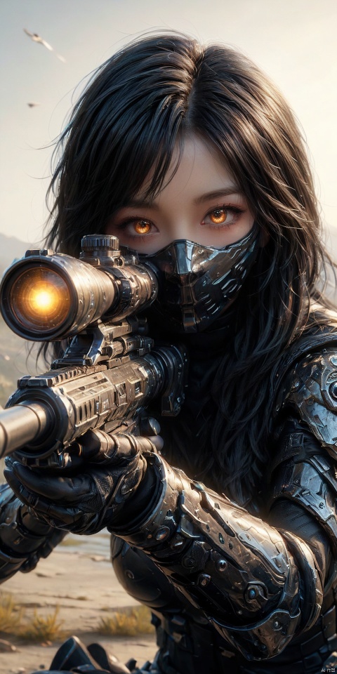  an realistic image of a female fantasy game character laying on the gorund, wielding glowing Sniper Rifle made of water, aiming at the camera, wearing armor, water allay in background, digital art, HD, masterpiece, best quality, hyper detailed, ultra detailed, g005, light master,Wearing a black mask, only revealing a pair of beautiful eyes, light master, nahidadef, SDS_GLOW_BACKDROP, aier mote, BL0J0