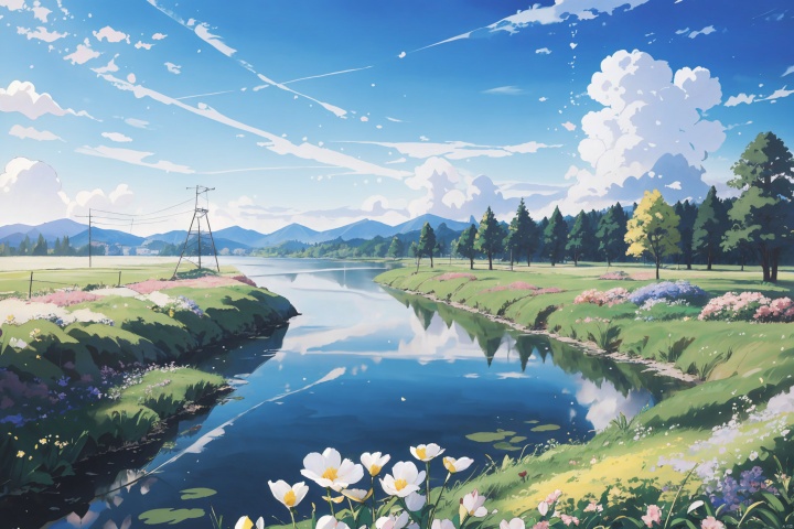  A train running in spring, with clear blue sky adorned by big fluffy white clouds. On one side, there is a shimmering lake reflecting the light, and on the other side, a green meadow adorned with blooming flowers,by Makoto Shinkai , in a realistic hyper detailed render style, glow,realistic oil,