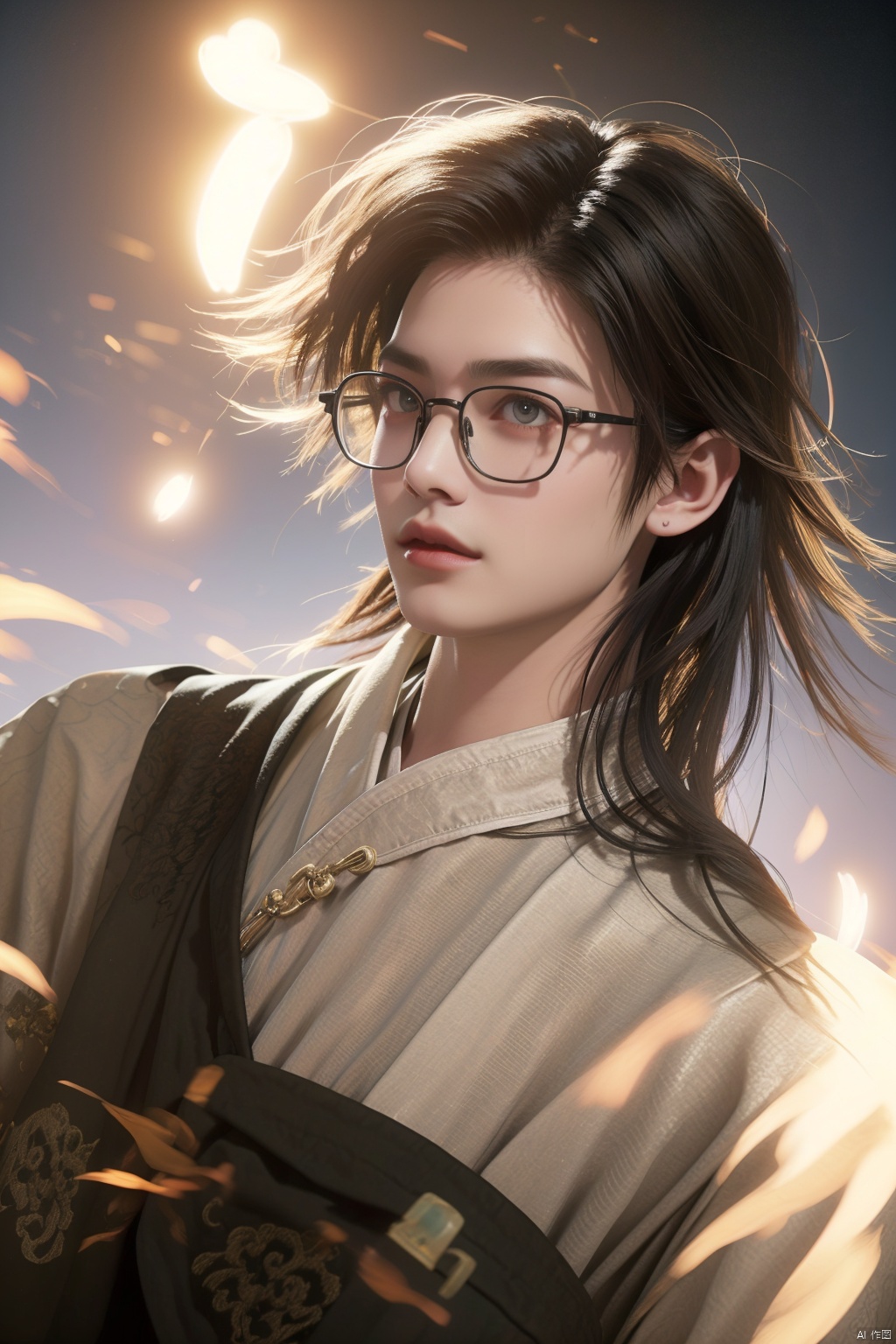  boy ,( glasses:1.4), white hair, long hair and a high nose.Bust photo, China costume, Hanfu, bust photo,Gorgeous clothes, costumes, highlights, white highlights,Outdoor, fan, danjue, fx