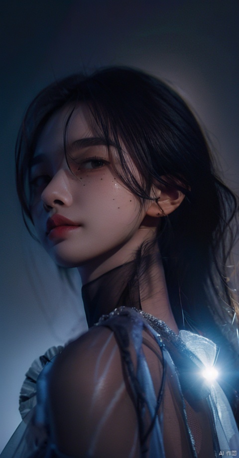  masterpiece,best quality,physically-based rendering,sharp focus,extreme detail description,1girl, Without looking at the camera,,dark theme,full body,, ,Earring,(dark background:1.2),(spotlight),Dimples, a beauty mole, parted lips, , (\xing he\), silhouette, tutult