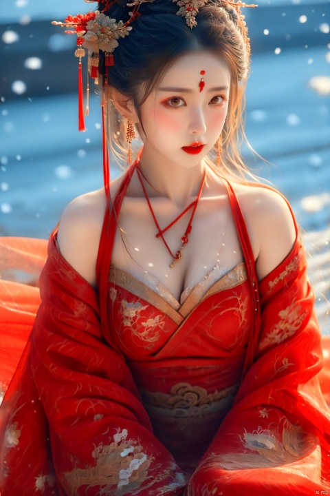  a girl,upper body, linkedress,red dress,Hanfu, China clothing,Looking the viewers,and sit down.Forehead mark,Red lips, snow, realistic, Bare shoulders, plump breasts, cleavage
