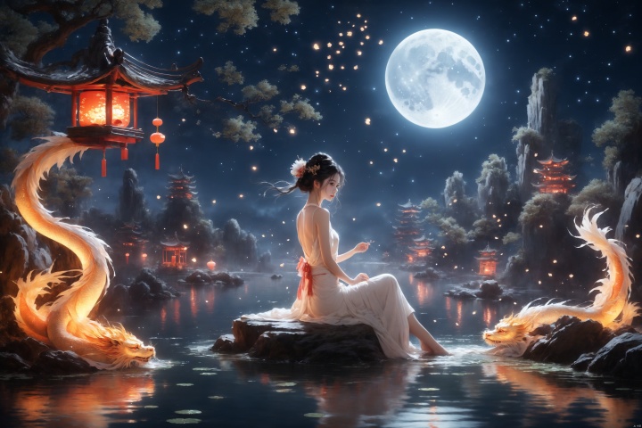 On a moonlit night, a very cute and sexy girl sits on the water. There is a Chinese dragon behind me, surrounded by fireflies.