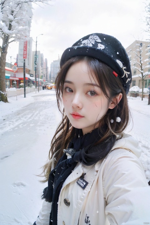  1girl,Exaggerated perspective,upper body,ultra wide shot,reaching out hand,foreshortening,on the tokyo street,realistic,highres,female focus,solo,snowy day,scarf,hat,flying snow,fish-eye len,fish eye low angle,POV,CLOSE UP SELFIE,