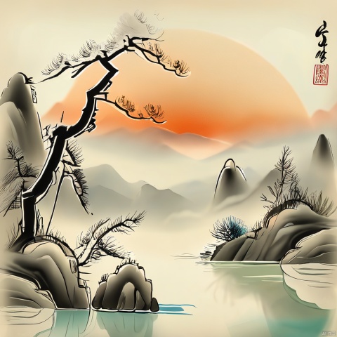 Rising sun, mountains and rivers, the breath of spring, flowers, no one.Chinese style, ink paint， sailboat，sun,雾