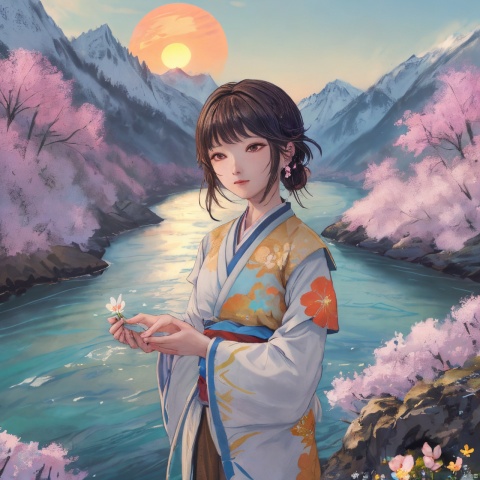 Rising sun, mountains and rivers, the breath of spring, flowers, no one.