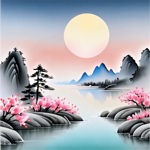 Rising sun, mountains and rivers, the breath of spring, flowers, no one.Chinese style, ink painting