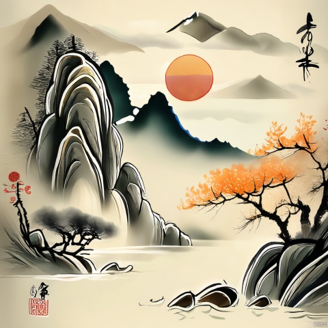 Rising sun, mountains and rivers, the breath of spring, flowers, no one.Chinese style, ink paint， sailboat，sun,雾