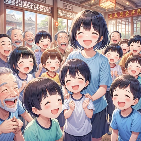blush, smile, short hair, open mouth, multiple girls, shirt, black hair, closed eyes, multiple boys, indoors, window, facial hair, happy, child, beard, 6+boys, chinese text, laughing, old, old man, crowd