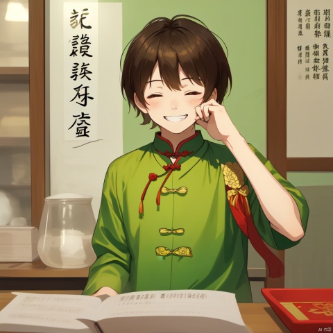 solo, smile, short hair, brown hair, shirt, 1boy, closed eyes, upper body, male focus, indoors, grin, facing viewer, hand on own face, green shirt,chinese text, traditional chinese text
