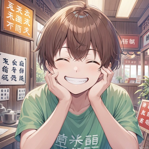 solo, smile, short hair, bangs, brown hair, shirt, 1boy, closed eyes, upper body, male focus, teeth, indoors, grin, t-shirt, facing viewer, hand on own face, sign, green shirt, chinese text, hand on own cheek