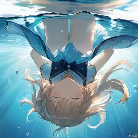  1girl,closed eyes,beautiful,under water,falling,upside down,ray,masterpiece,extremely detailed,best quality,very aesthetic