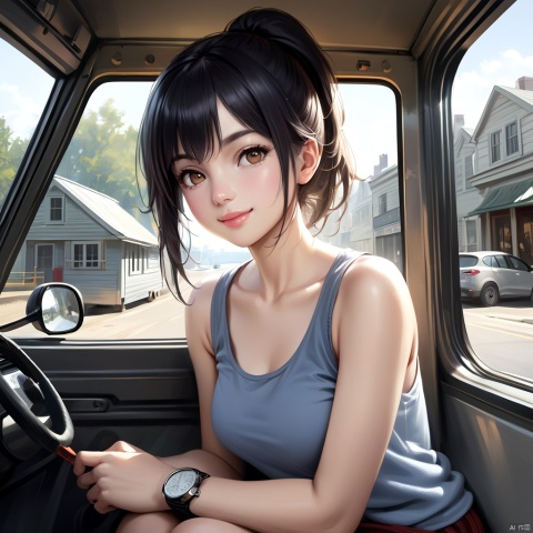 1girl, solo, looking at viewer, smile, black hair, ponytail, lips, window, tank top, ground vehicle, watch, realistic, wristwatch, phone screen