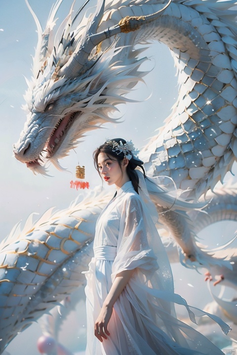  white dragon,cold color,a boy,depth of field,Dragon,white background, chinese dragon, FANTASY, 1girl,all in white 