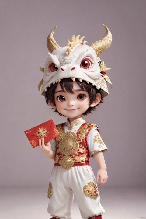  1boy, solo, long hair, smiling, holding a small envelope, shut up, smiling, dragon headdress, cute white gold top and pants,