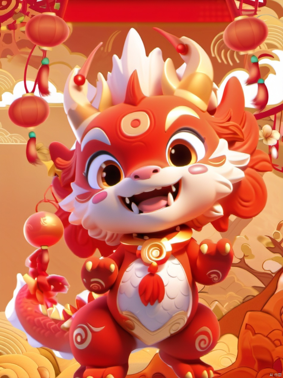  The character is holding a string of red firecrackers,a vibrant and animated character that appears to be a fusion of a dragon and a lion. The character is predominantly red with white accents, and it has a cheerful expression with wide eyes and a broad smile. It holds a golden bell in one hand and a golden rattle in the other. The character is adorned with a golden necklace that has a pendant with Chinese characters. The background is a warm orange hue, with floating lanterns and a silhouette of a mountain rangee