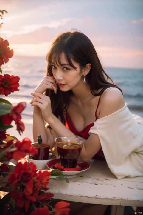  1girl, Wearing a red slip dress, sky,（red dress：1）,long wavy hair with bangs, outdoors,（sky background）,An open background, sky and sea,dusk