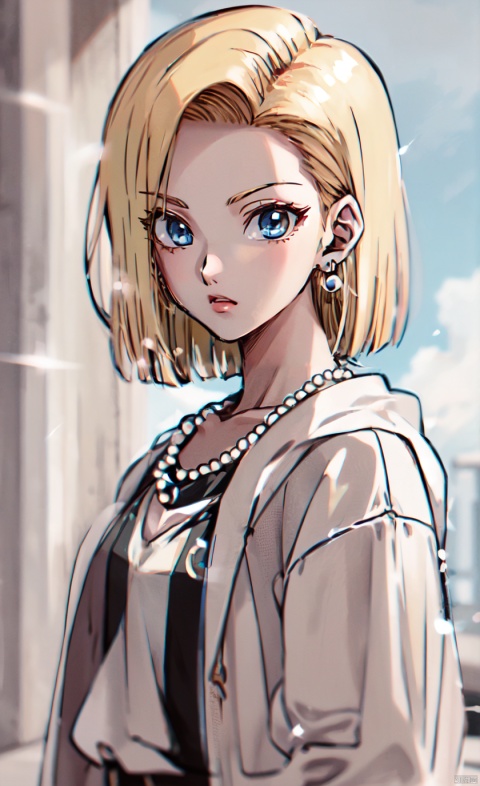  1girl,rock,pearl necklace,android 18, jewelry, blonde hair, earrings, short hair, necklace, blue eyes,She is fashionably dressed in Chanel,ultra-detailed,best quality,(masterpiece), HUBG_Beauty_Girl, (\meng ze\)