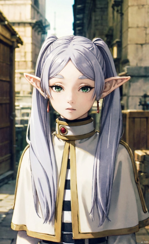  (masterpiece, best quality), 1girl, (realistic),frieren,long hair,twintails,green eyes,grey hair,elf,