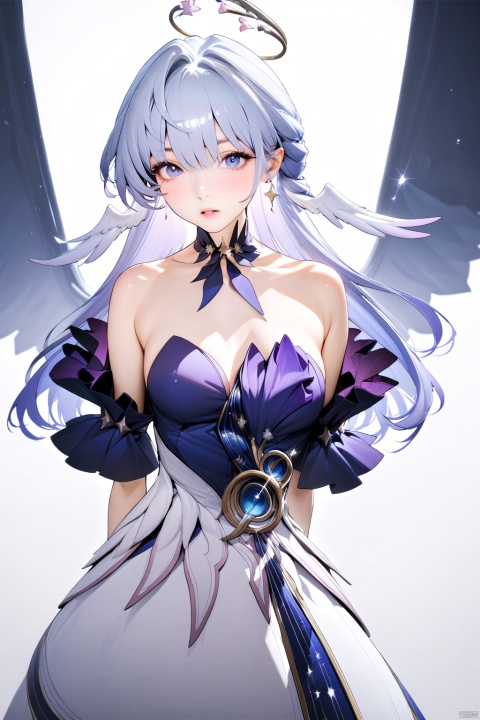  1girl,robinSR,Medium Shot,robinSR, bangs, blue eyes, dress,bow, hair between eyes, bare shoulders, jewelry, medium breasts, blue hair, earrings, wings, strapless, halo, hair intakes, head wings, strapless dress,
white background,
ultra-detailed,best quality,(masterpiece),