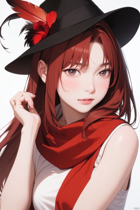  1girl,1girl, solo, red hair, hat, hat feather, red scarf,
white background,
ultra-detailed,best quality,(masterpiece), 
