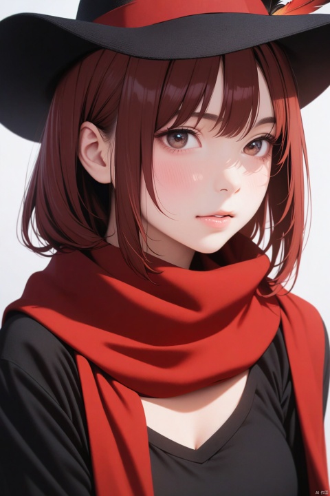  1girl,1girl, solo, red hair, hat, hat feather, red scarf,
white background,
ultra-detailed,best quality,(masterpiece), 