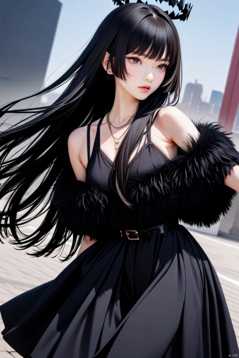 1girl,virtuosa \(arknights\),long hair,black hair,halo,She is fashionably dressed in Balenciaga,
ultra-detailed,best quality,(masterpiece), 
