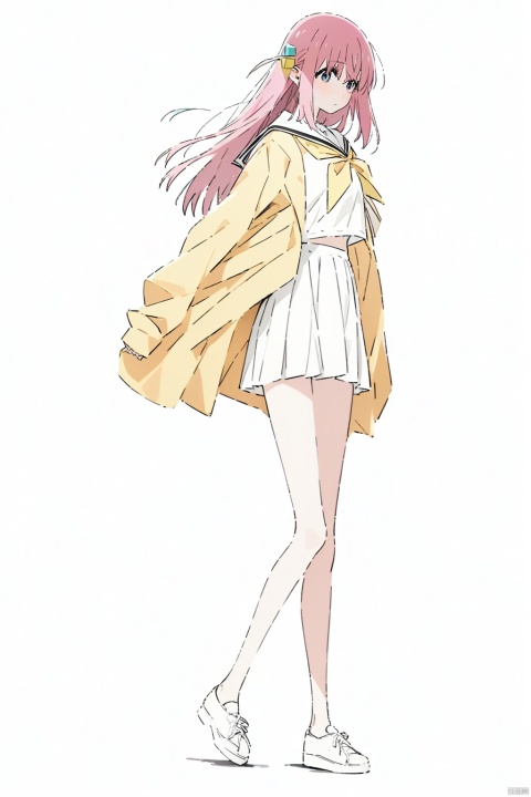 1girl, gotoh hitori, bocchi the rock!,solo, pink hair,long hair,She is fashionably seifuku dressed in Hermes,full body,thin legs,
white background,
ultra-detailed,best quality,(masterpiece), 