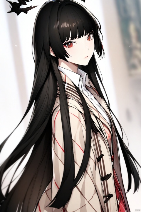 1girl,virtuosa \(arknights\),long hair,black hair,halo,She is fashionably dressed in Burberry,
ultra-detailed,best quality,(masterpiece), 
