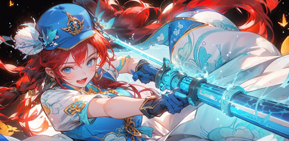 2girl, weapon, solo, holding, blue hat, hat feather,very long hair, red hair, gloves, long spear, holding weapon, boots, chinese,battle pose,battle_stance,fighting_stance, girl, Blademancer, Xhuoguo,long_ponytail,:d,epic,16k,dynamic angle,colorful,looking_at_viewer