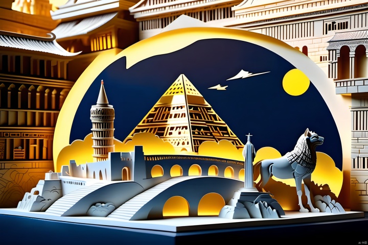  papercut of (Egyptian pyramids) and (Leaning Tower of Pisa) and (Notre Dame Cathedral in Paris) and (Chinese Forbidden City) and (chinese Greatwall) and (London Tower Bridge) and (Roman Colosseum) and (Greek temples) and (America Statue of Liberty) and (Kremlin palace),background of earth,masterpiece, best quality, epic cinematic, soft nature lights, rim light, amazing, hyper detailed, ultra realistic, photorealistic, Ray tracing, Cinematic Light, light source contrast,jingjing,Relief style,lmyy,papercut