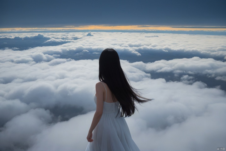  1girl, walking in the clouds, floating in the moonlit sky, the people far below are sleeping as she.white dress, very long hair