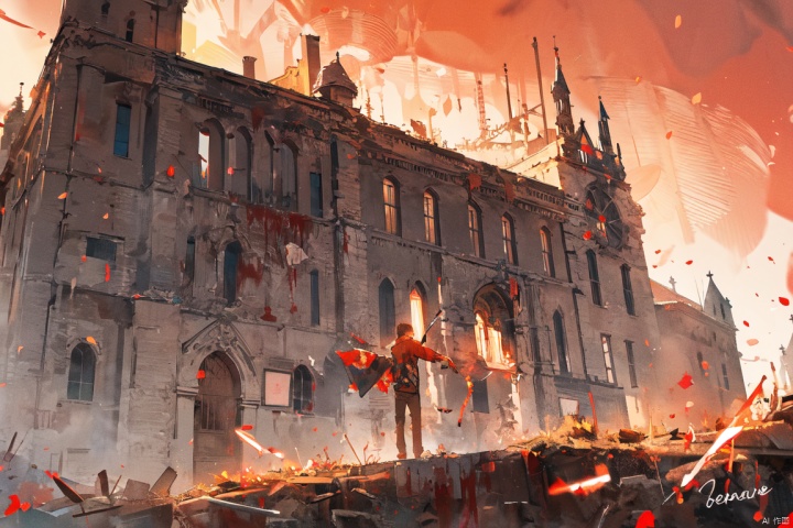  giant castle in the background,dynamic angle,dark fantasy,blood moon,red sky