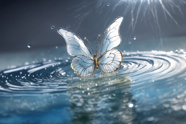  a transparent water elemental butterfly made of (watercd_xl,wavy,brightness,contortion,abstract) in pool,water eyes,water hairs,water body,splash water,water drops,no humans,long-focus,tilt-shift,outdoors,on water,full body,chinese zodiac,cutie,cute,still life,front view,facing viewer,looking at viewer,ethereal fantasy concept art,magnificent,epic,majestic,magical, emotional,harmonious,high budget,moody,epic,gorgeous,perfect lighting,realistic,photorealistic,photographic,photo (medium),real,moody lighting,volumetric lighting,reality ray tracing,8K,HDR,UHD,masterpiece,best quality,highly detailed,high resolution,finely detail,extremely detailed,ultra detailed,wallpaper